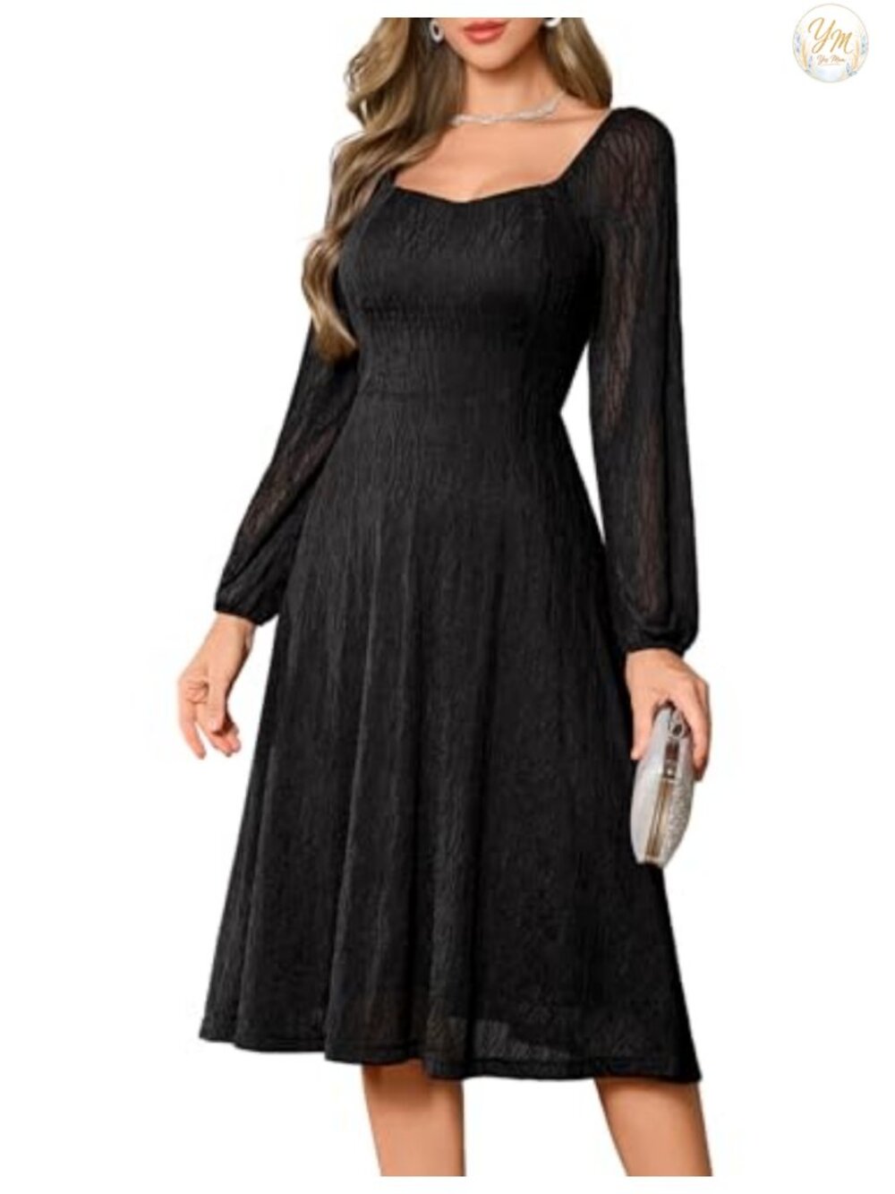 Bbonlinedress Women Formal Lace Wedding Guest Dresses Square Neck Long Sleeve